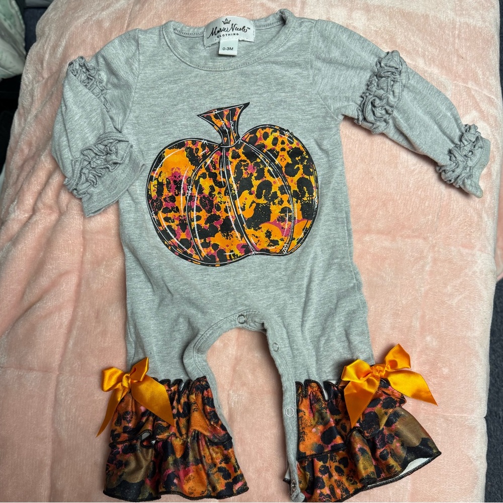Gray Pumpkin Print Baby Romper with Orange Accents